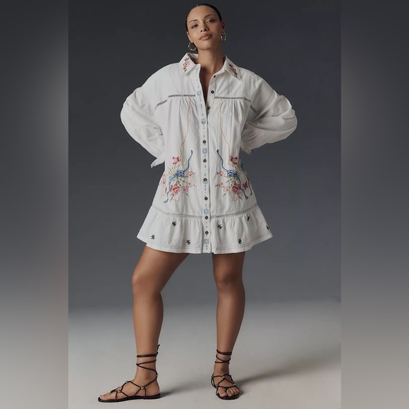 Anthropologie Pilcro Long Sleeve V-Neck Embroidered Swing Shirt Dress Size Large - Picture 6 of 11